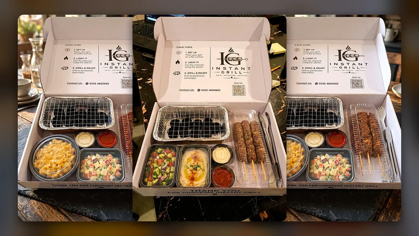 Open Instant Grill box with three boxes laid out for a dawat on the grill