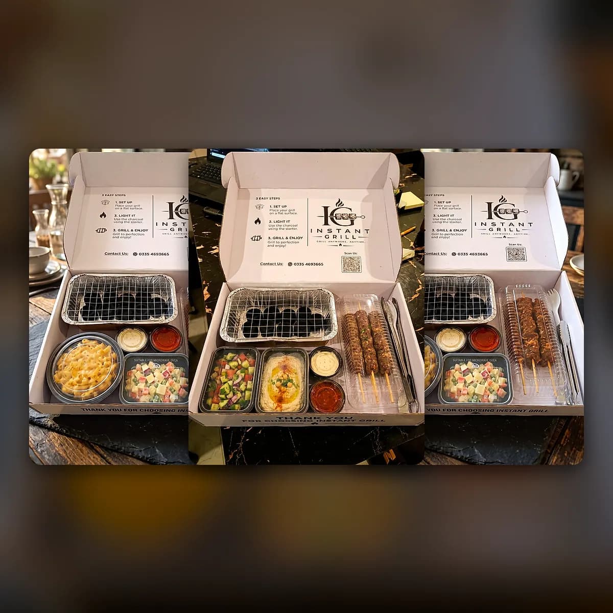 Open Instant Grill box with three boxes laid out for a dawat on the grill