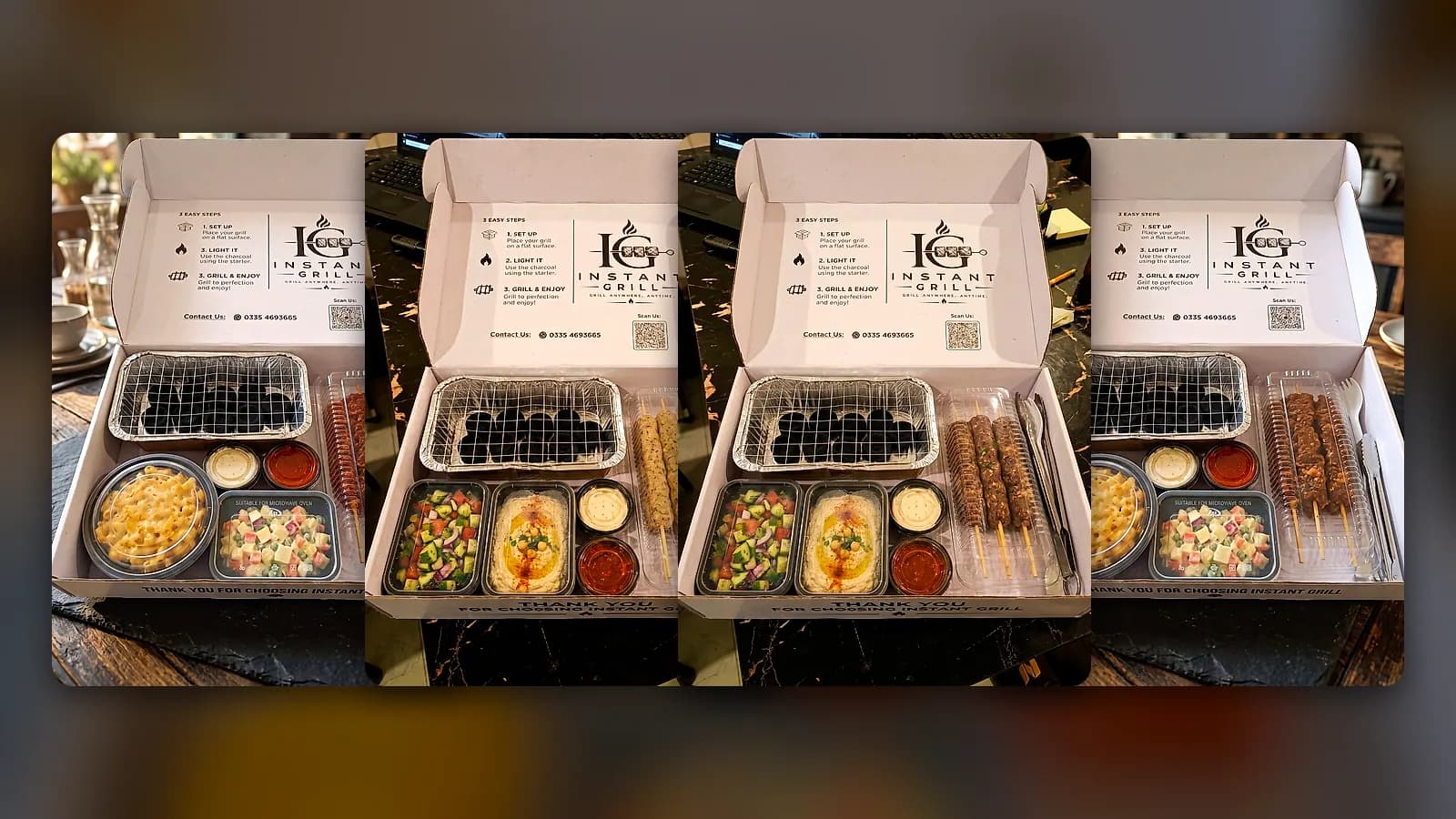 Open Instant Grill box with four boxes on a rooftop table for a party on the grill
