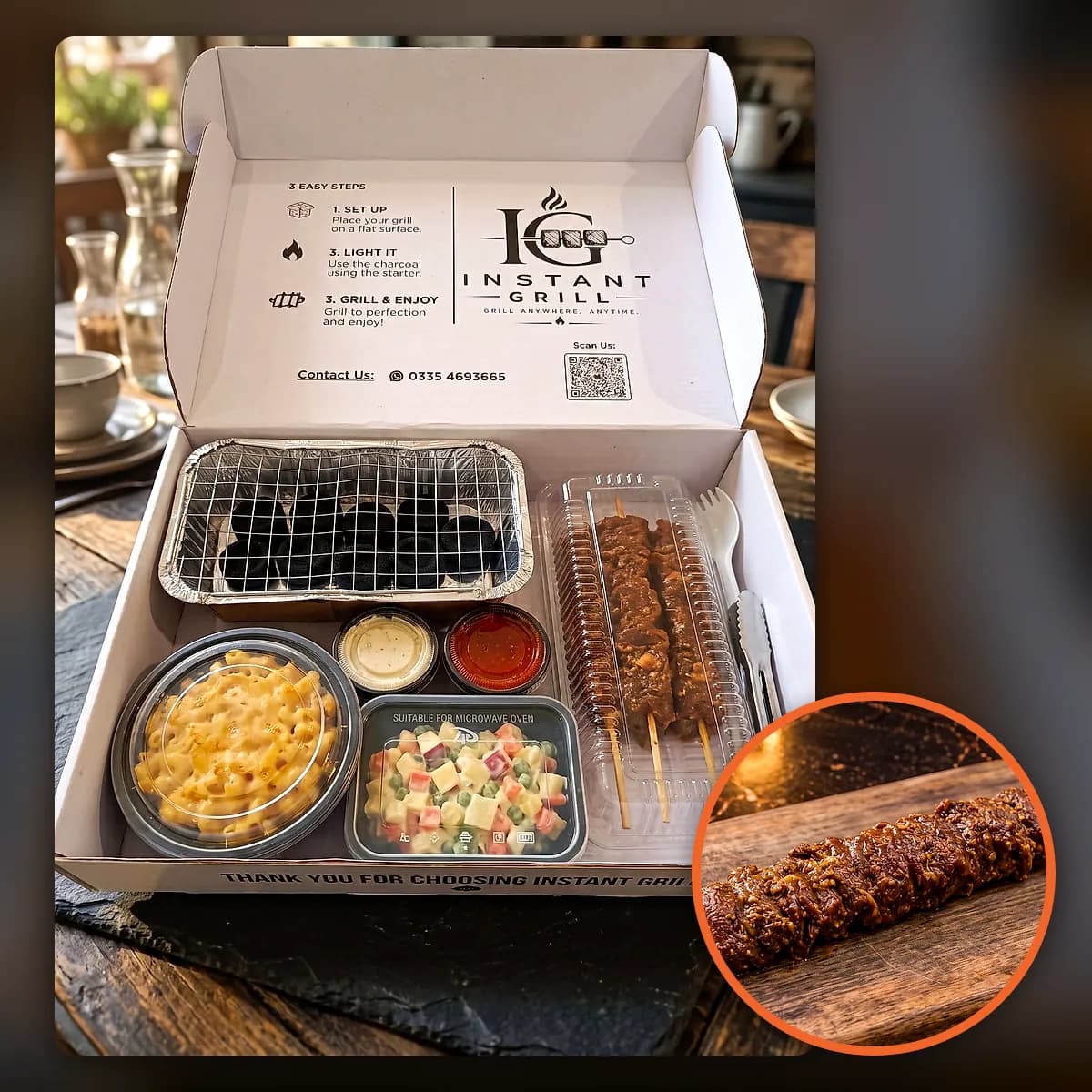 Beef Bihari Boti box: grill, coal, sides and skewers