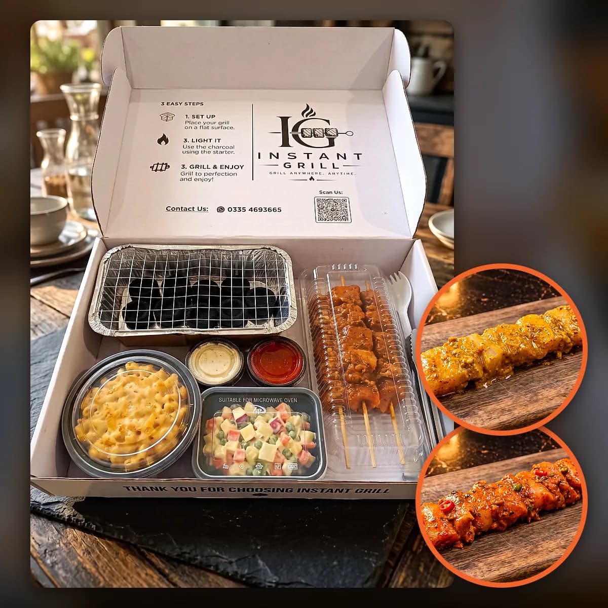 Chicken + Fish box: grill, coal, sides and skewers