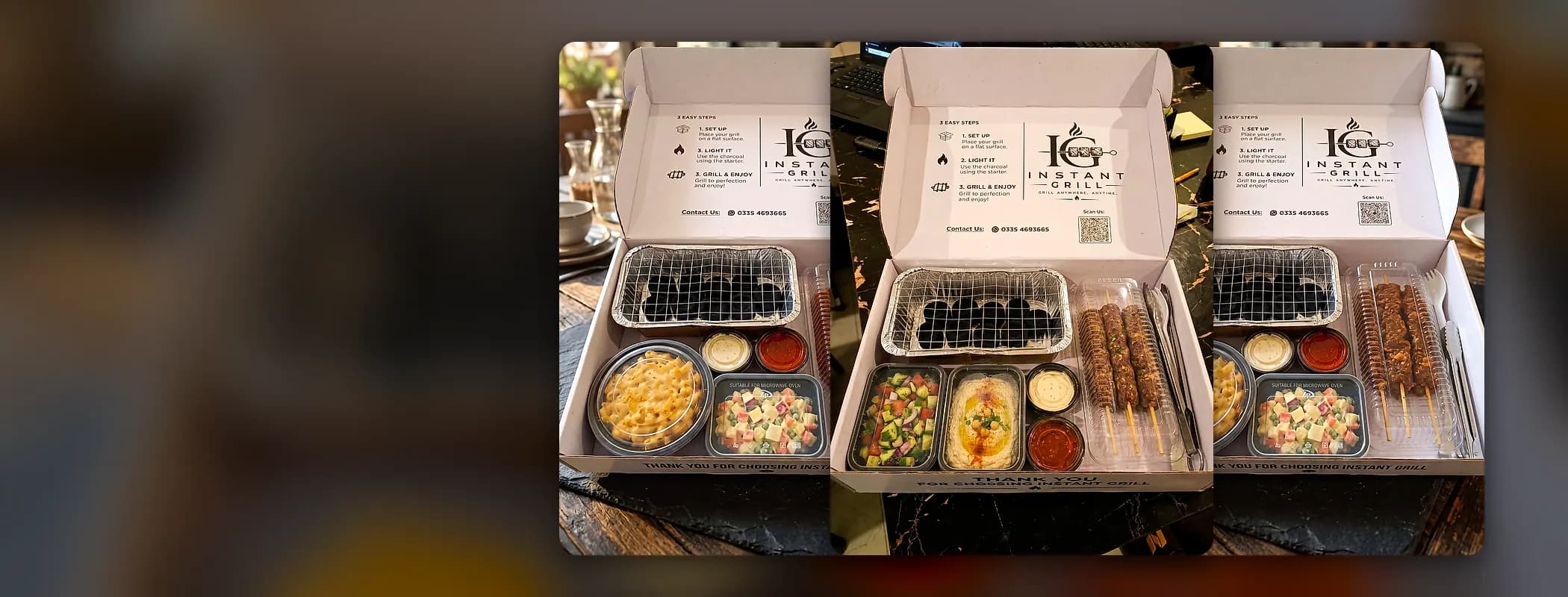 Three open Instant Grill boxes for a dawat