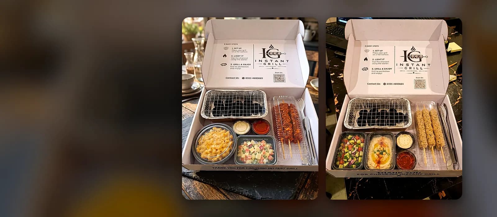 Two open Instant Grill boxes with everything inside