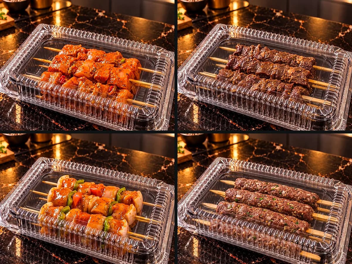 Skewers marinated in our kitchen, packed in their trays