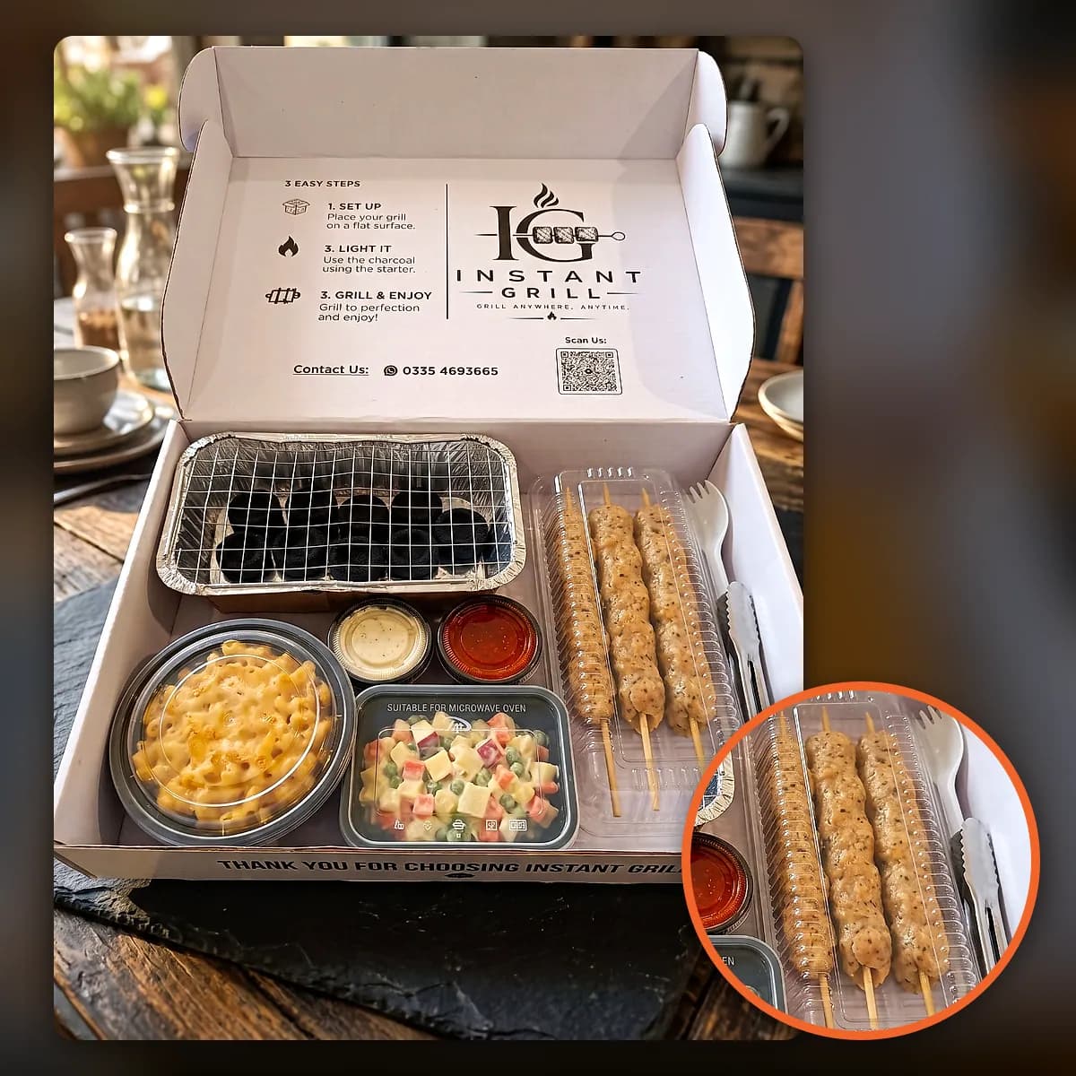 Chicken Kabab box: grill, coal, sides and skewers