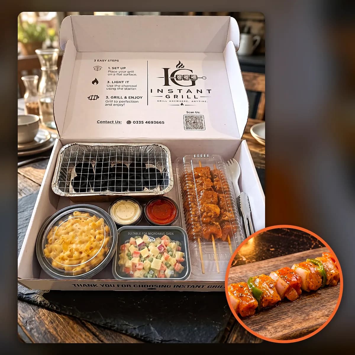 Chicken Shashlik box: grill, coal, sides and skewers