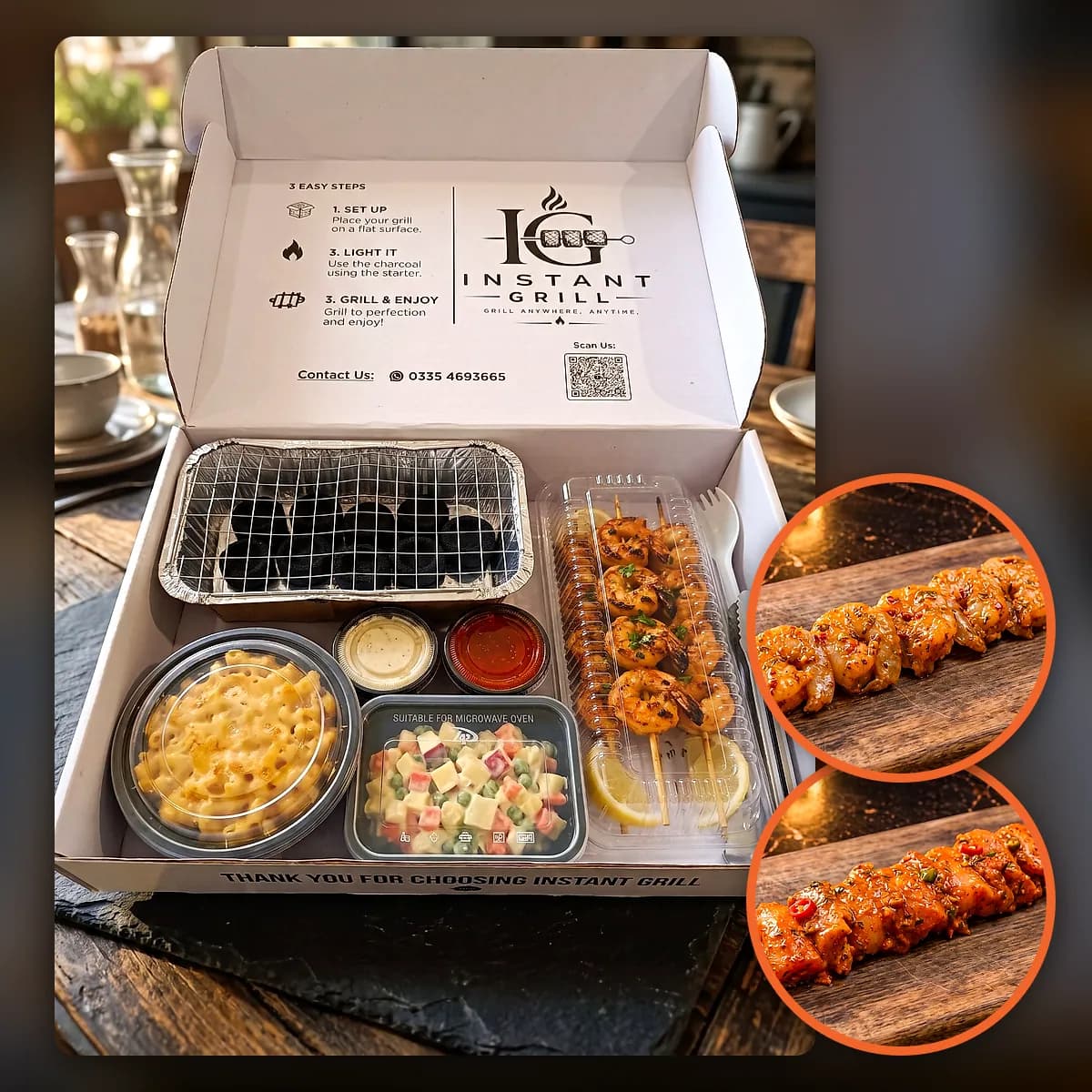 Chicken + Shrimp box: grill, coal, sides and skewers