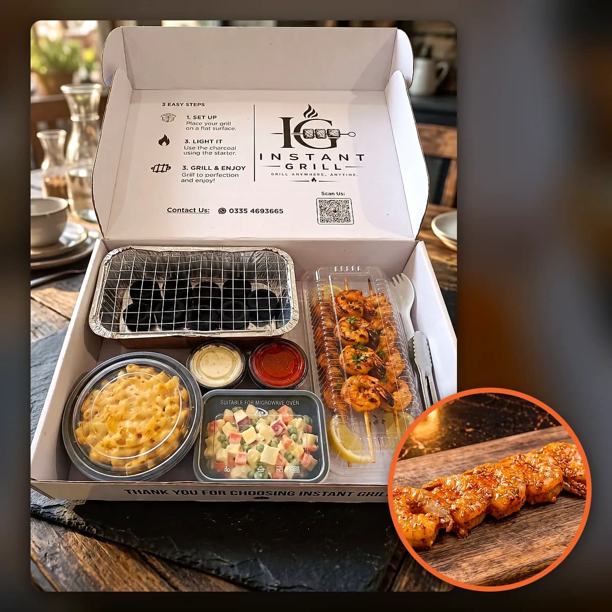 Prawn BBQ box: grill, coal, sides and skewers