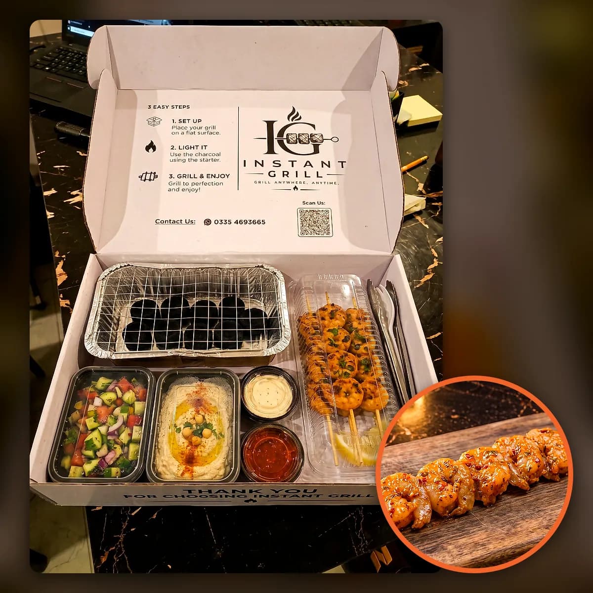 Shrimp BBQ box: grill, coal, sides and skewers