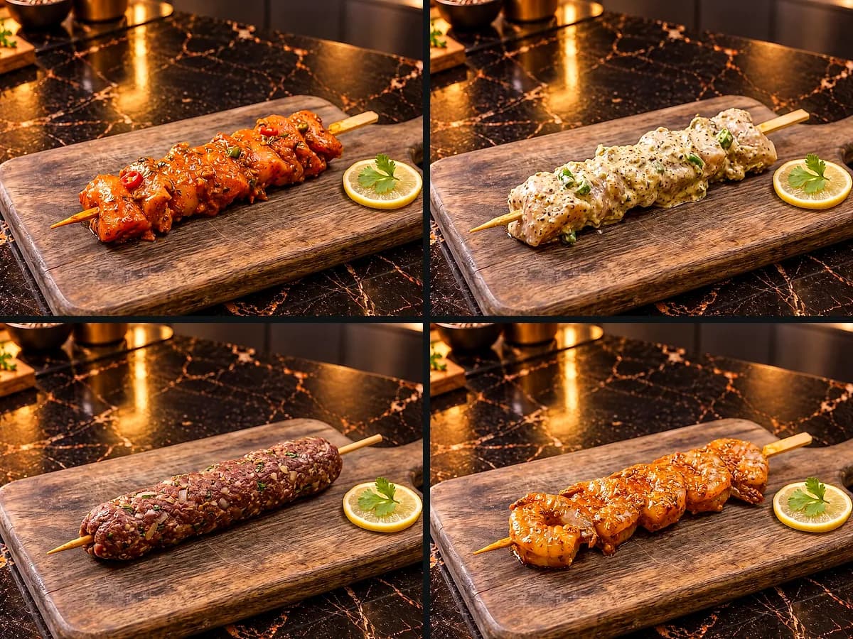 Chicken tikka, malai boti, beef seekh kabab and prawn skewers to choose from